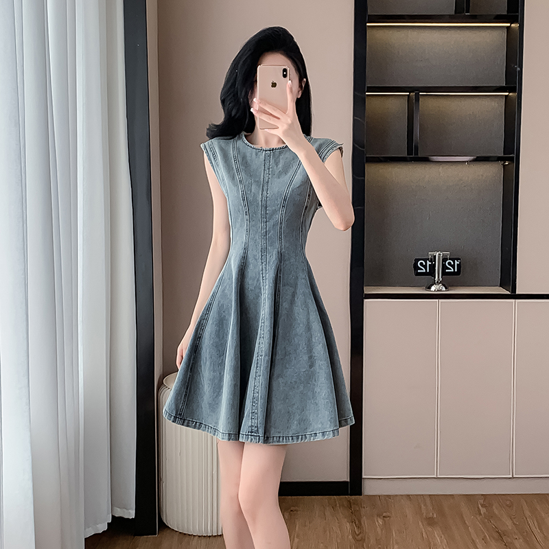 Summer denim round neck dress sleeveless lady T-back