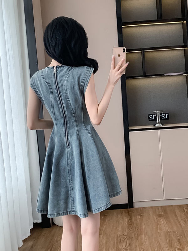 Summer denim round neck dress sleeveless lady T-back