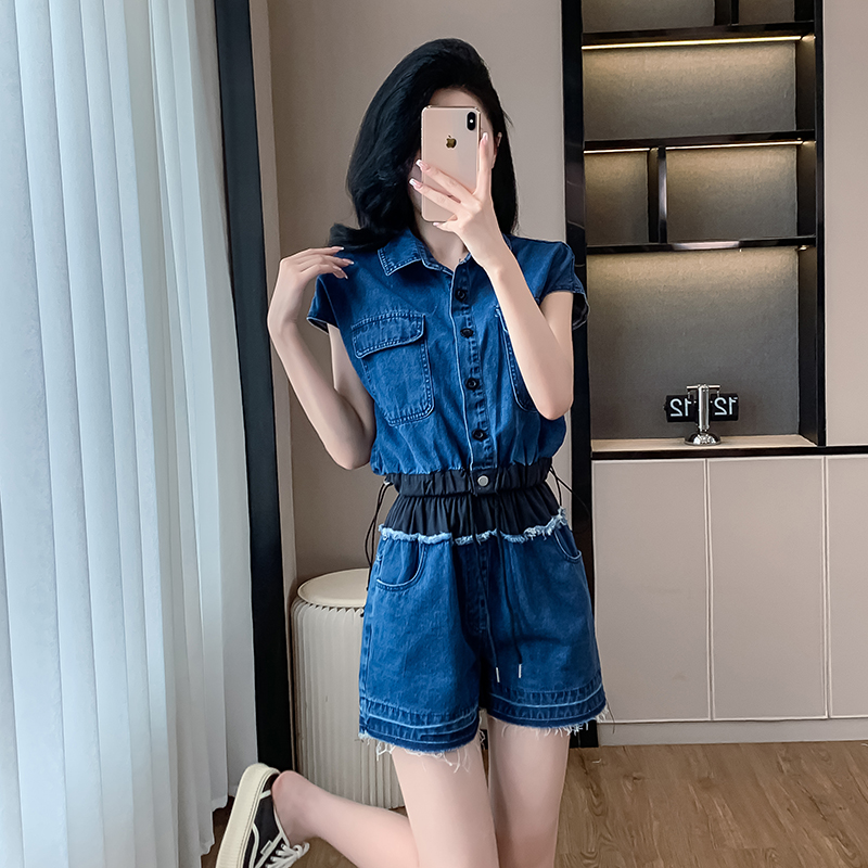 Casual summer work clothing medium waist jeans 2pcs set