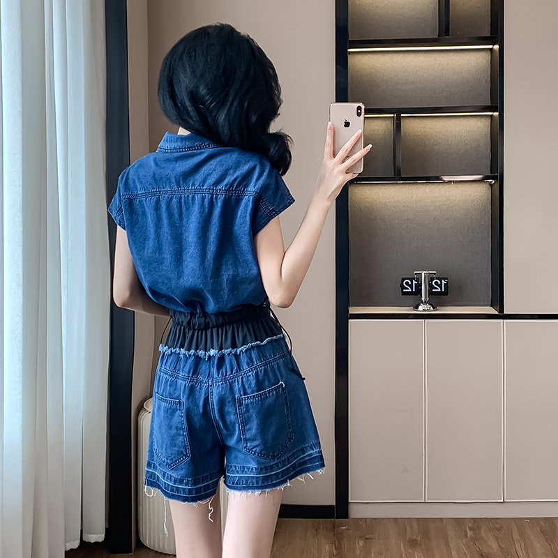 Casual summer work clothing medium waist jeans 2pcs set