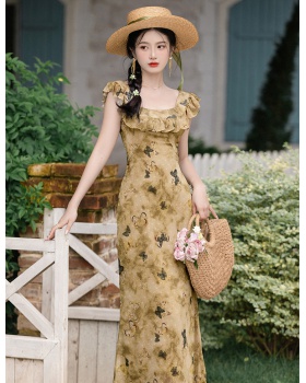 Lotus leaf edges Chinese style ink sling dress