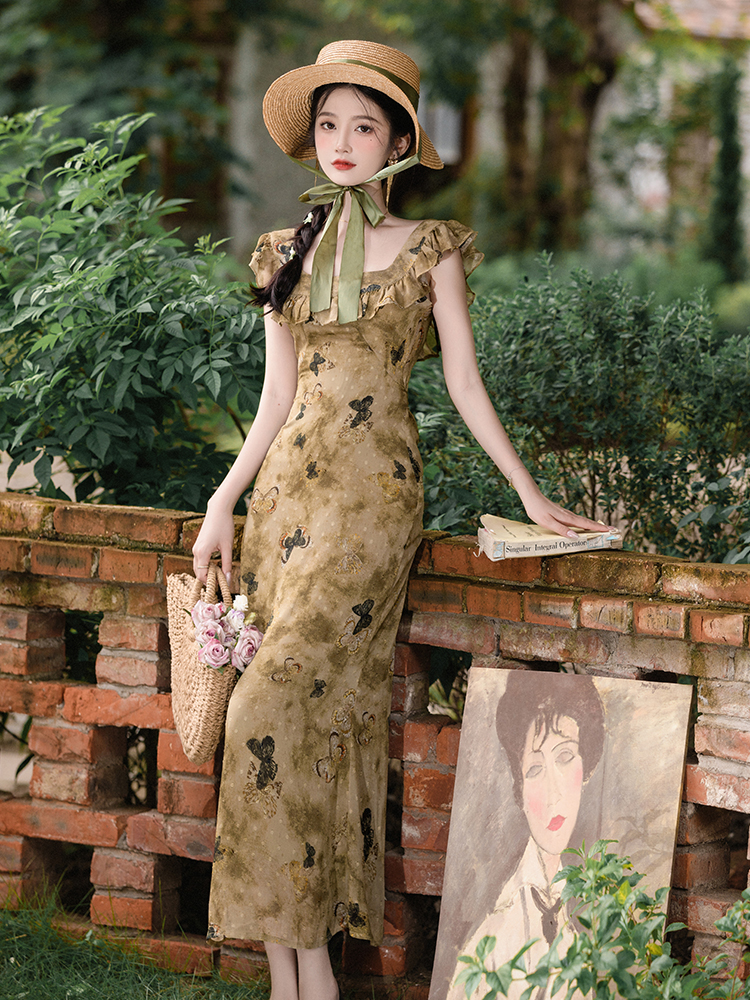 Lotus leaf edges Chinese style ink sling dress