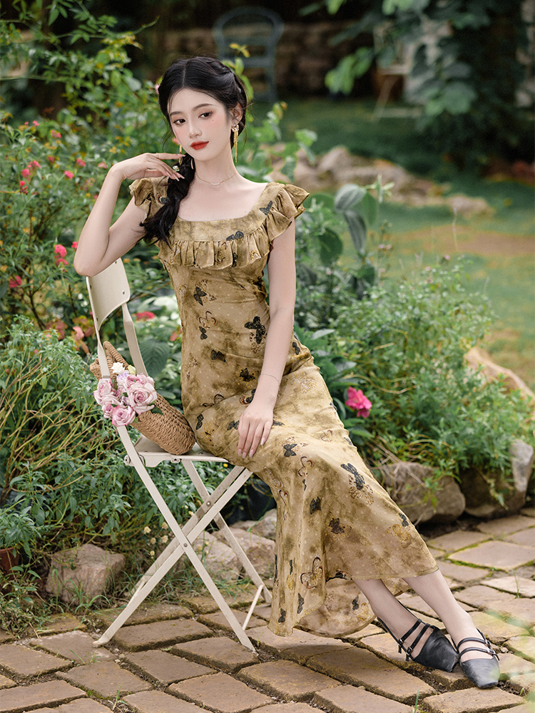 Lotus leaf edges Chinese style ink sling dress