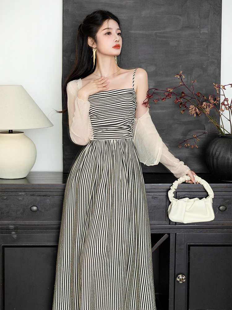 Stripe sling dress collocation coat 2pcs set