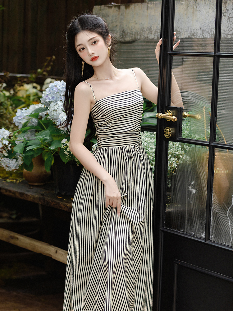 Stripe sling dress collocation coat 2pcs set