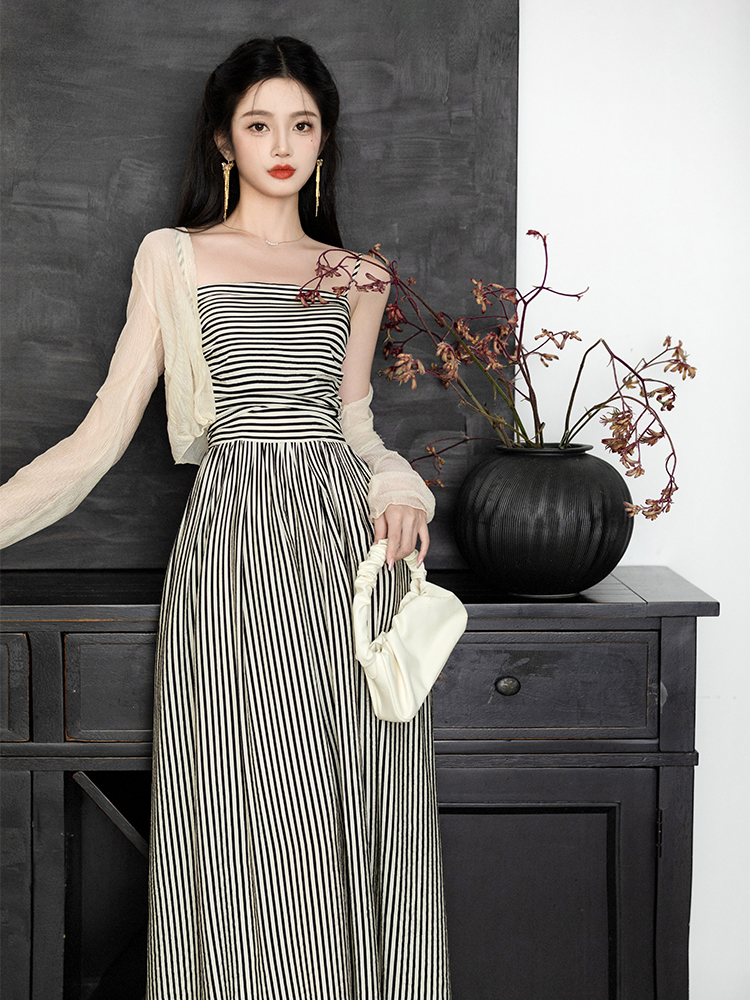 Stripe sling dress collocation coat 2pcs set