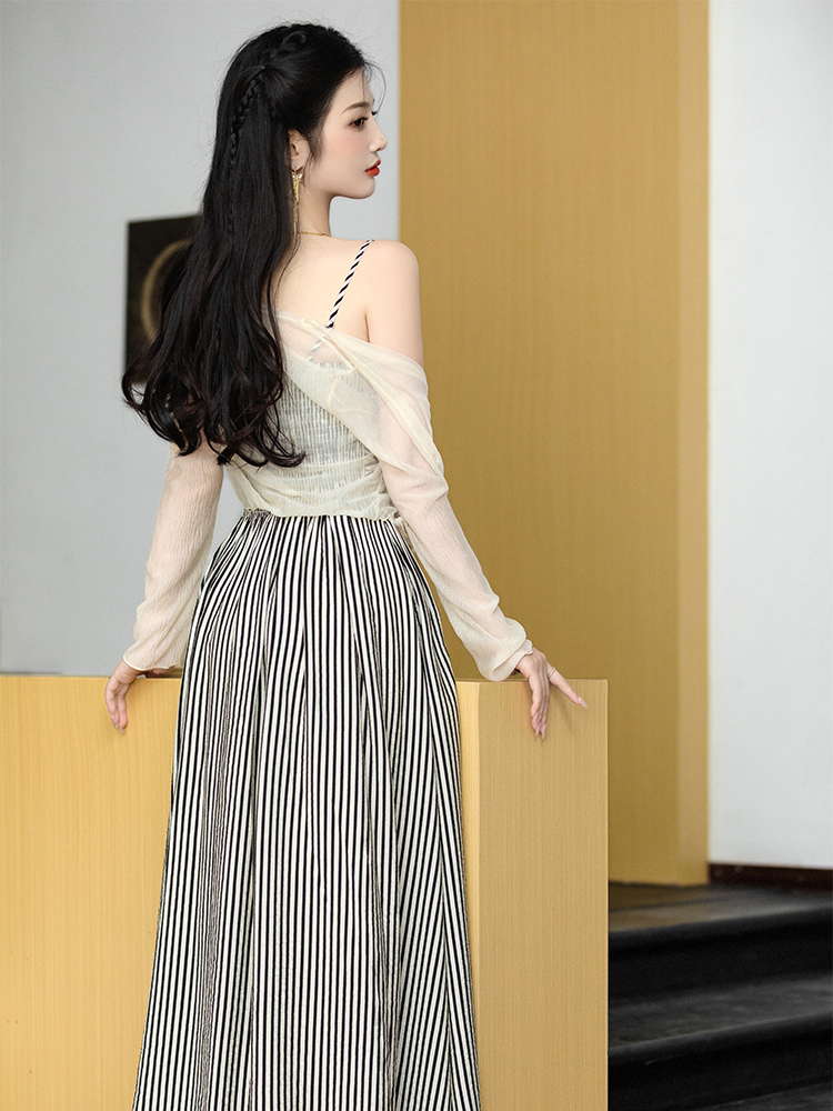 Stripe sling dress collocation coat 2pcs set