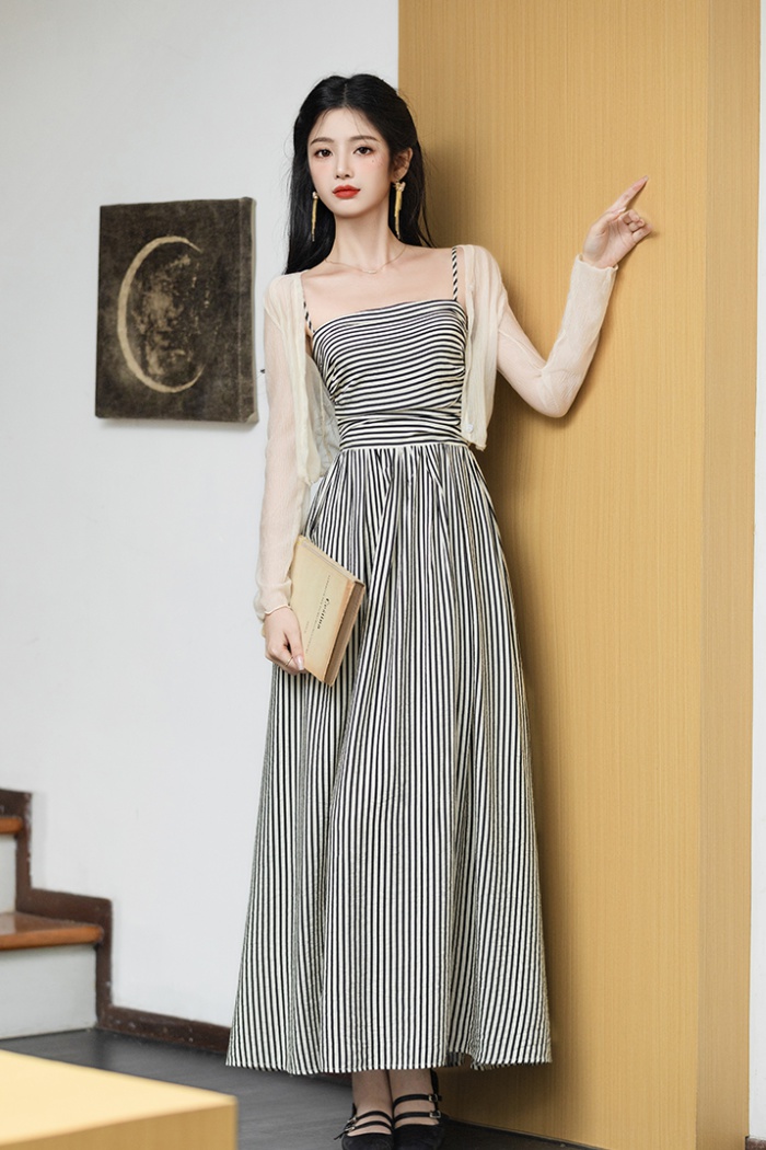 Stripe sling dress collocation coat 2pcs set