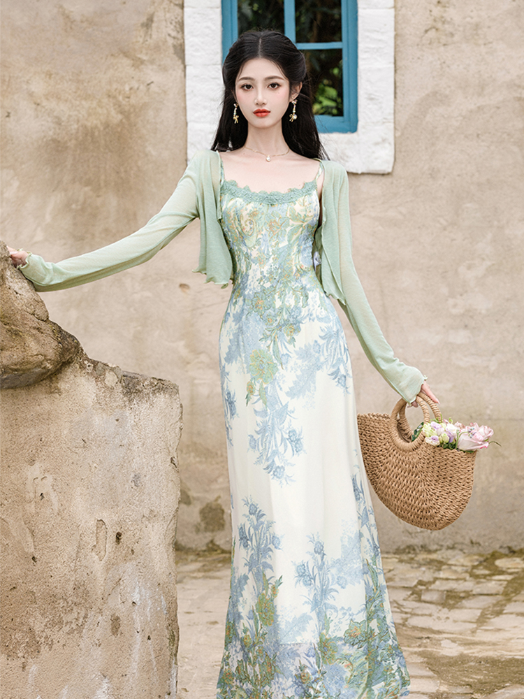 Chinese style retro dress collocation jacquard coat 2pcs set