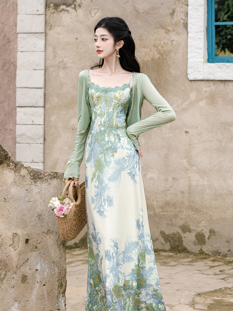 Chinese style retro dress collocation jacquard coat 2pcs set