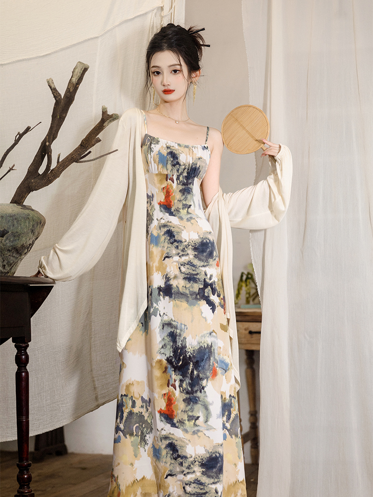 Collocation long sling coat Chinese style dress 2pcs set