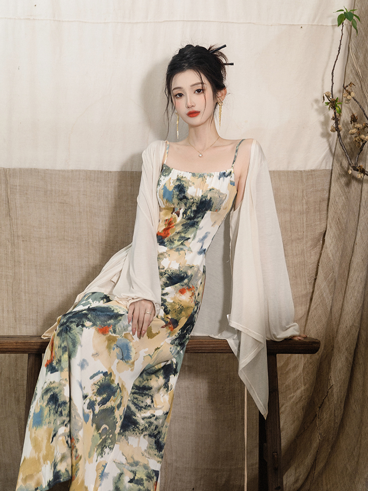 Collocation long sling coat Chinese style dress 2pcs set