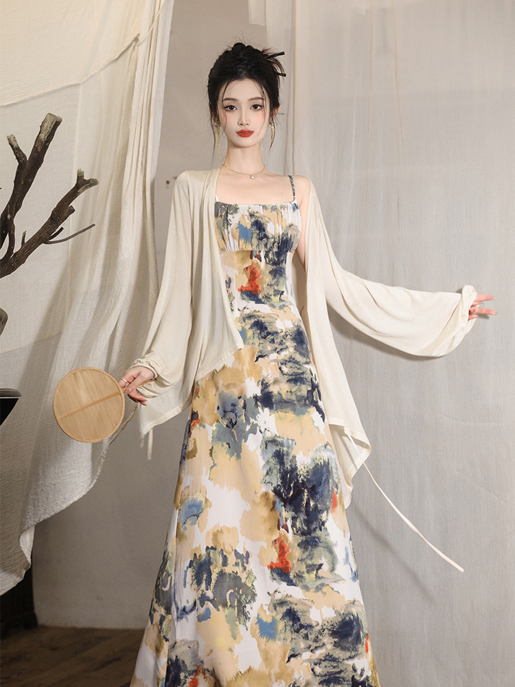 Collocation long sling coat Chinese style dress 2pcs set