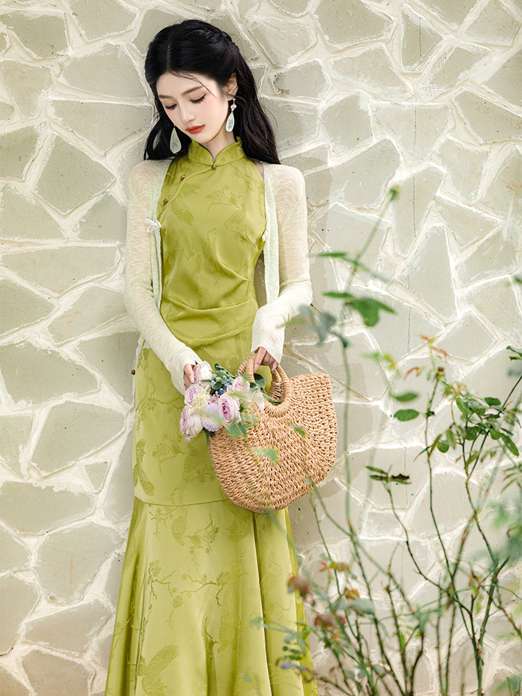 Green mermaid dress collocation coat 2pcs set