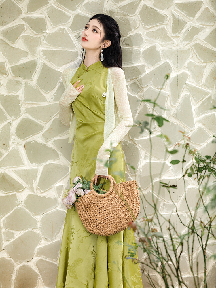 Green mermaid dress collocation coat 2pcs set