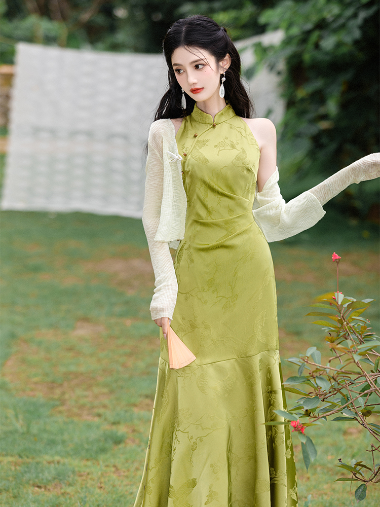 Green mermaid dress collocation coat 2pcs set