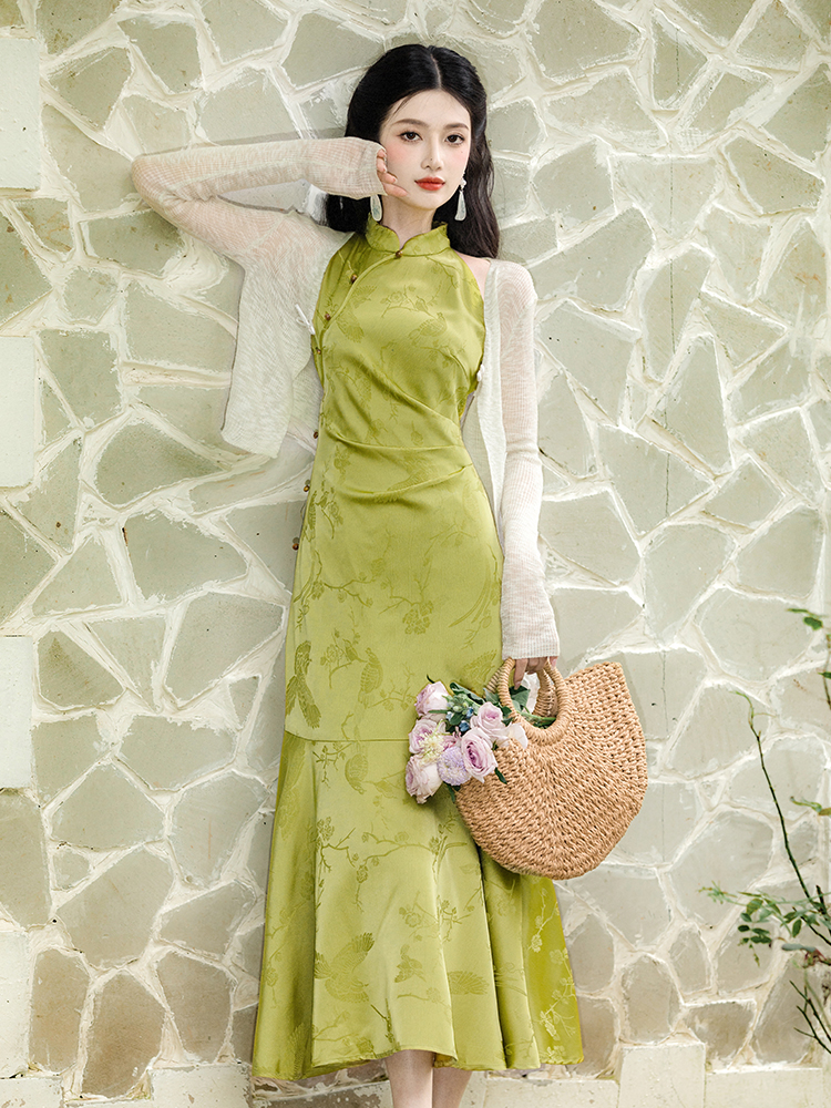 Green mermaid dress collocation coat 2pcs set