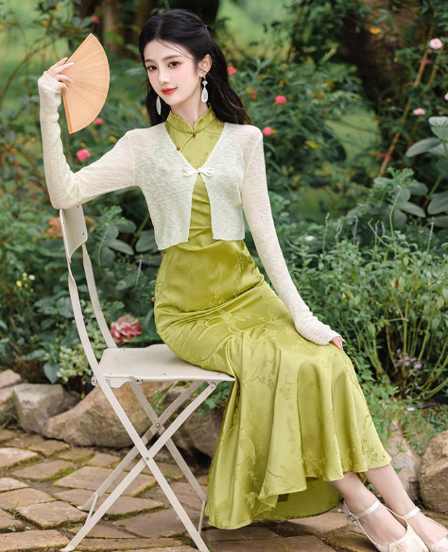 Green mermaid dress collocation coat 2pcs set