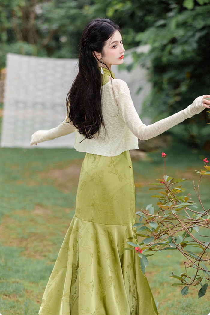 Green mermaid dress collocation coat 2pcs set