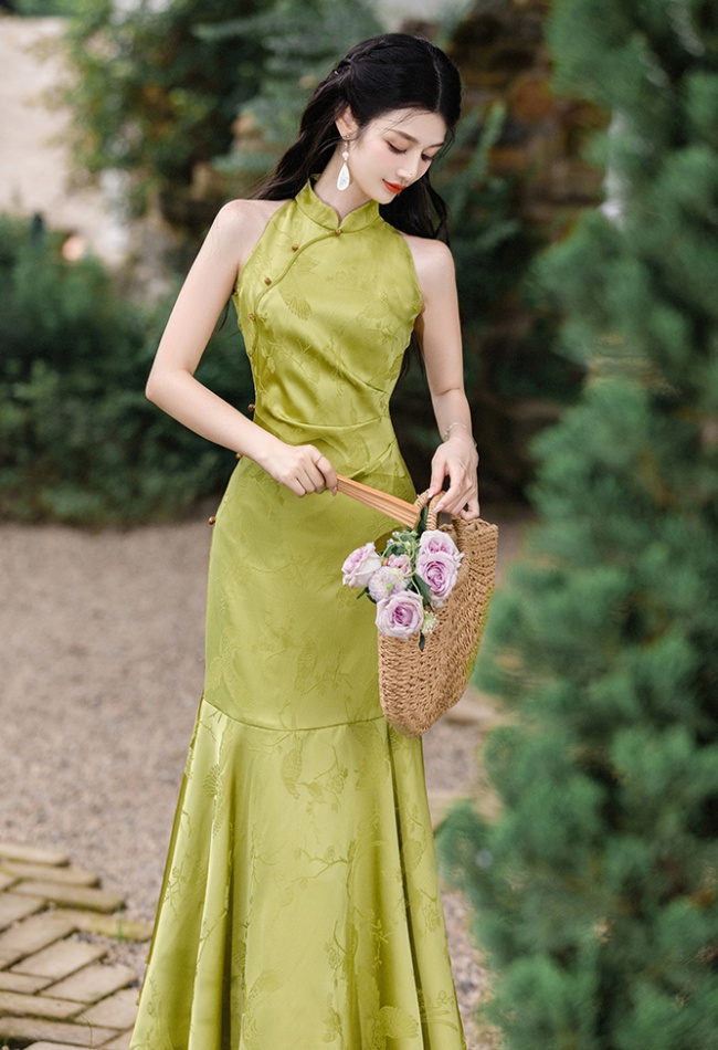 Green mermaid dress collocation coat 2pcs set