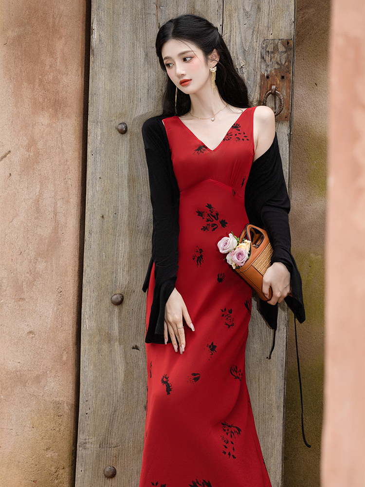 Printing collocation coat V-neck strap dress 2pcs set