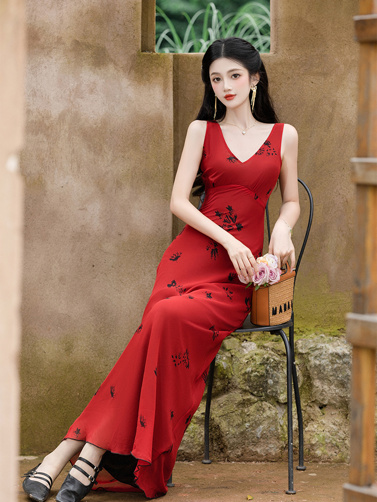 Printing collocation coat V-neck strap dress 2pcs set