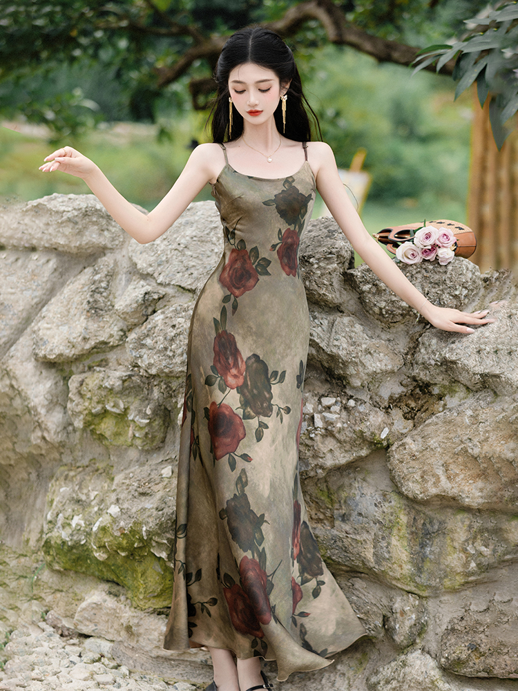 Collocation sling printing dress retro rose coat 2pcs set