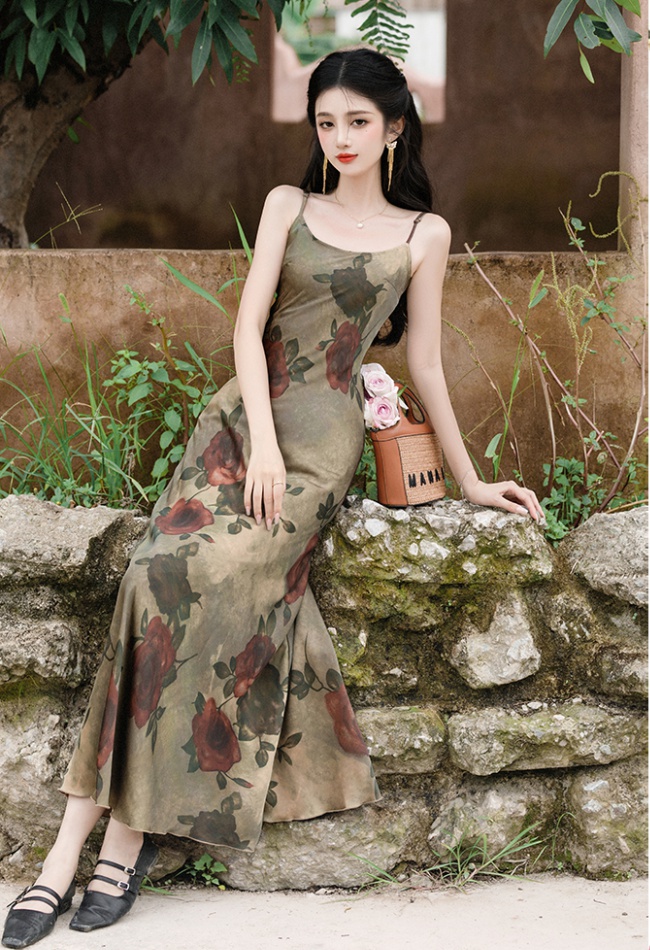 Collocation sling printing dress retro rose coat 2pcs set