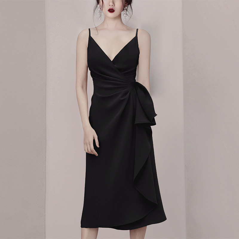 Sling long summer black slim sexy dress for women