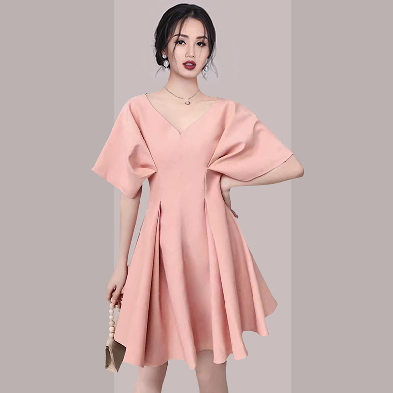 Western style slim maiden temperament fold pink dress