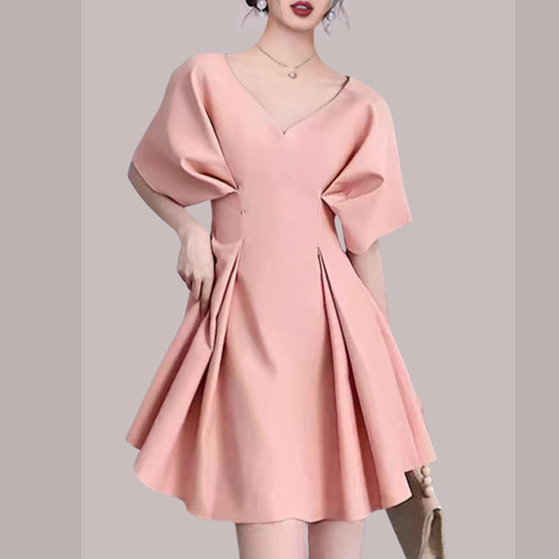 Western style slim maiden temperament fold pink dress