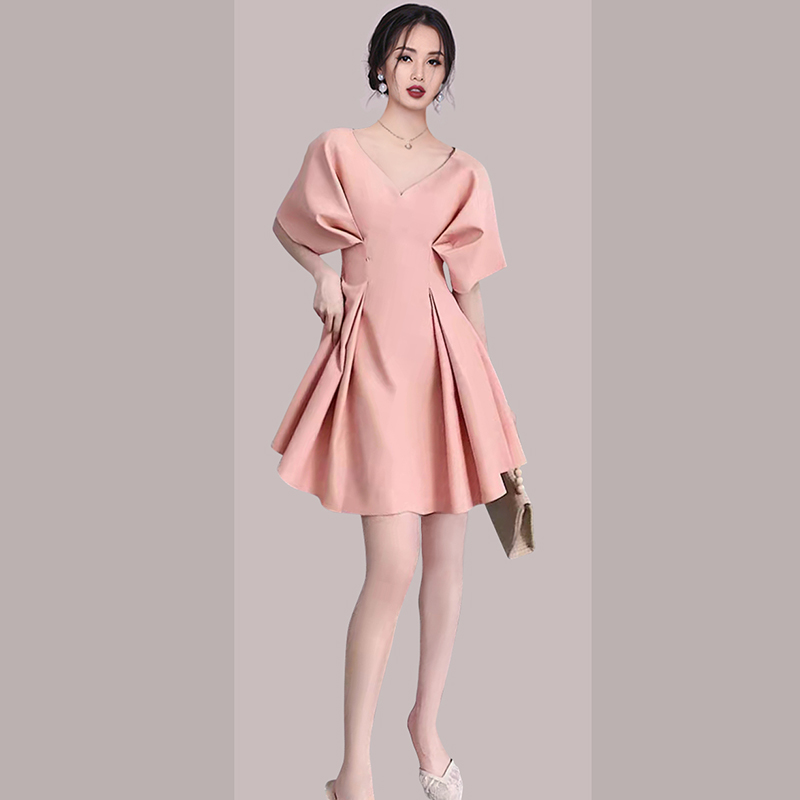 Western style slim maiden temperament fold pink dress