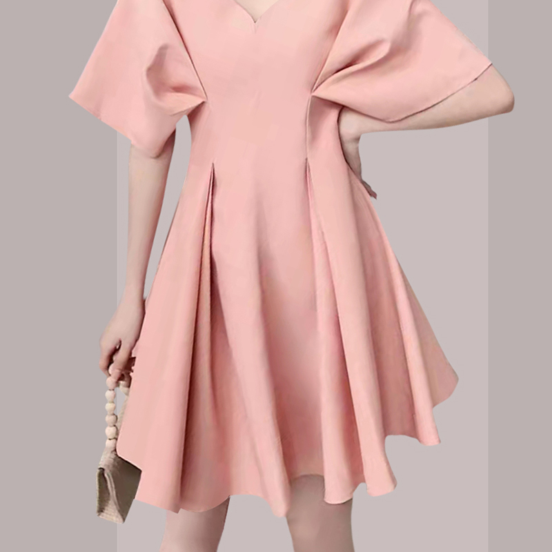 Western style slim maiden temperament fold pink dress