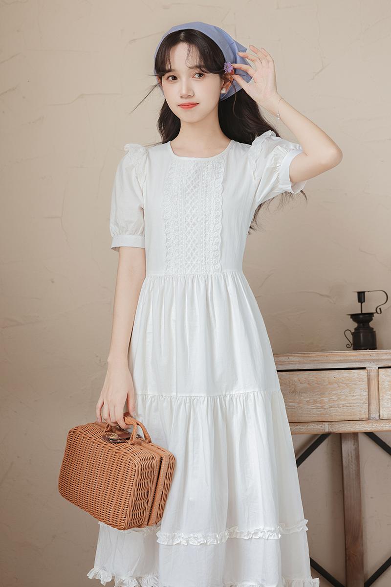 Sweet long boats sleeve hollow summer dress for women