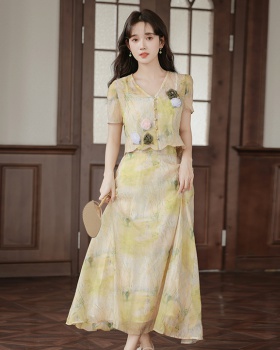 Blooming summer retro canvas Chinese style skirt a set