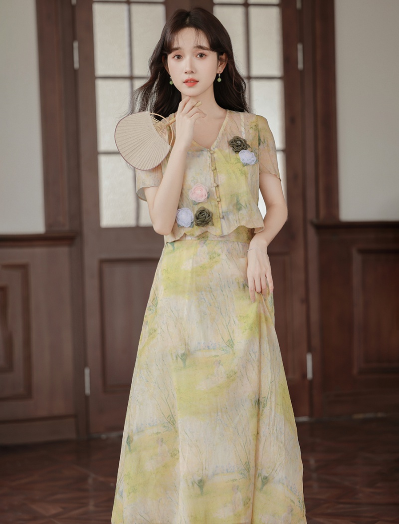 Blooming summer retro canvas Chinese style skirt a set