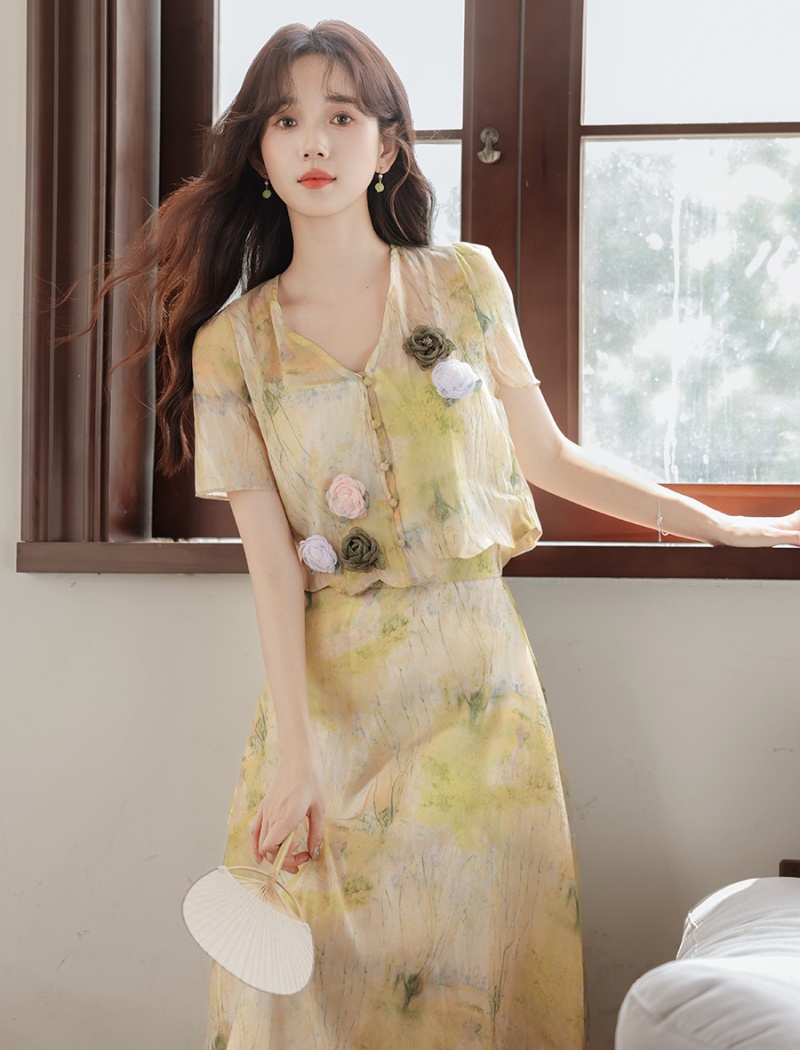 Blooming summer retro canvas Chinese style skirt a set