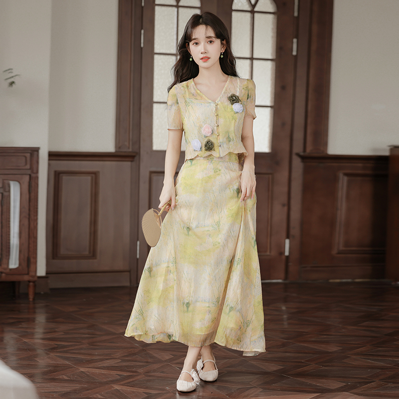 Blooming summer retro canvas Chinese style skirt a set