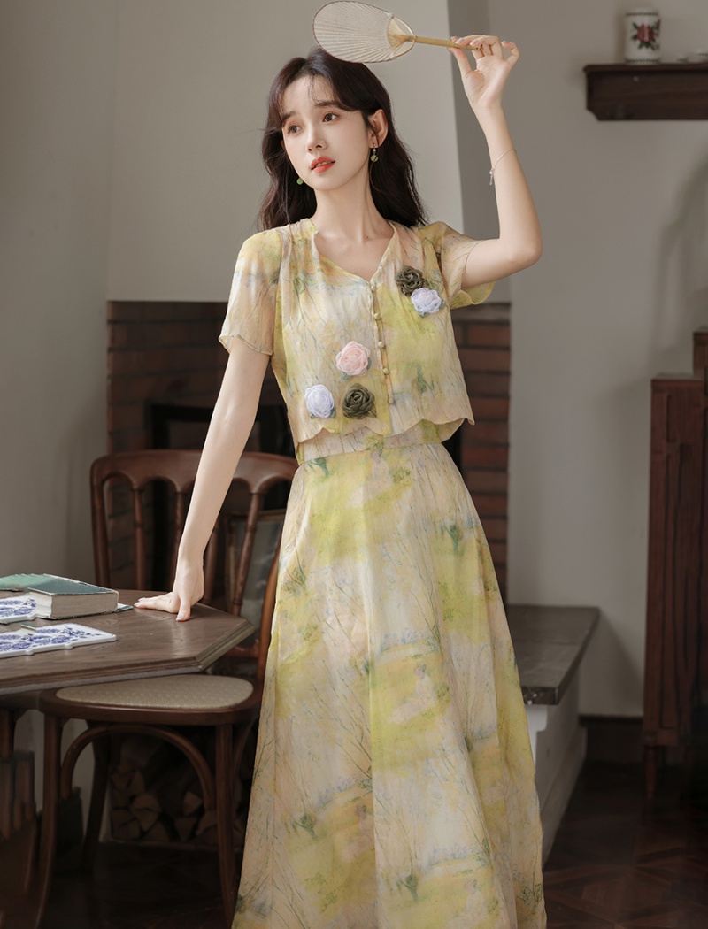 Blooming summer retro canvas Chinese style skirt a set