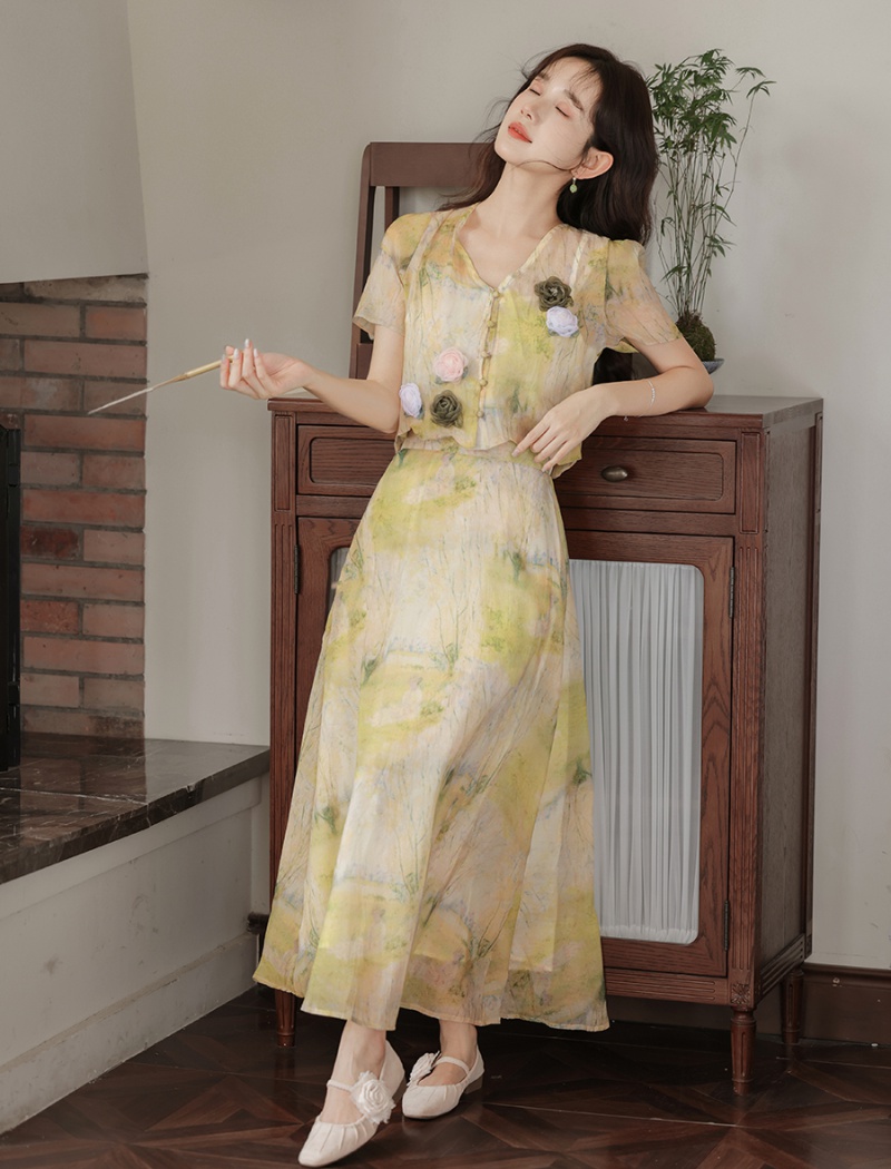 Blooming summer retro canvas Chinese style skirt a set