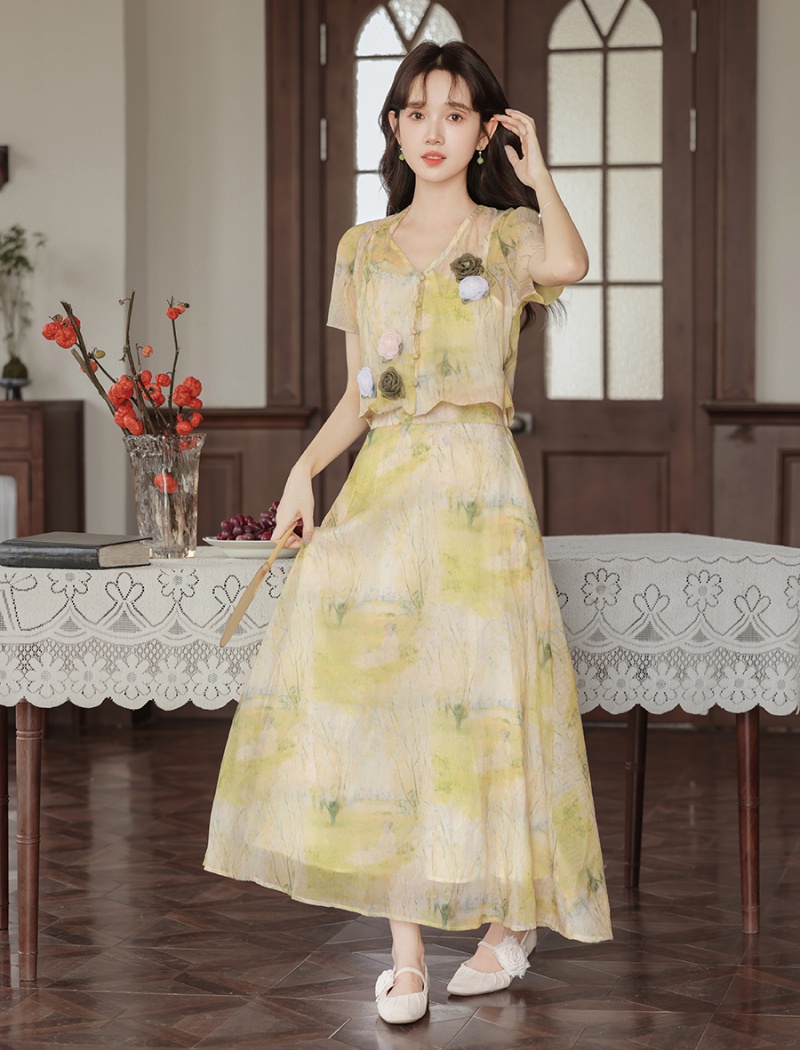 Blooming summer retro canvas Chinese style skirt a set