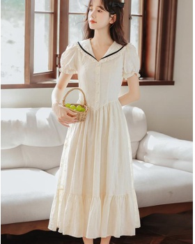 Pinched waist maiden college style embroidery dress