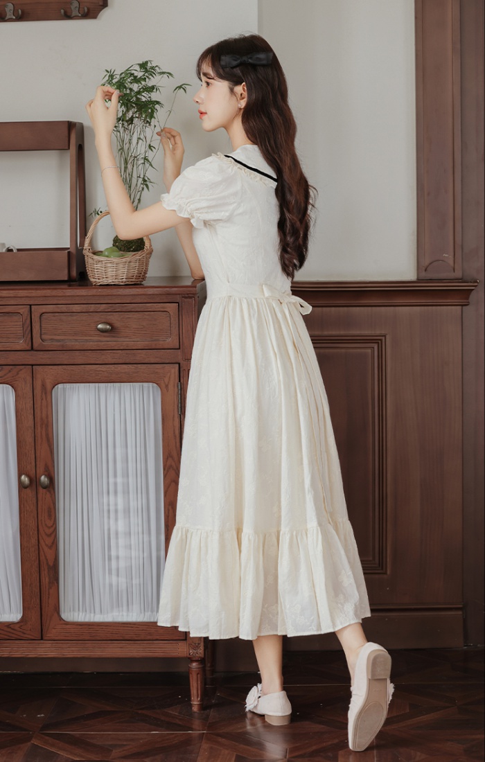 Pinched waist maiden college style embroidery dress