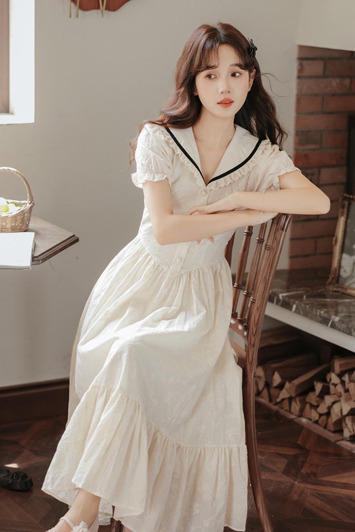 Pinched waist maiden college style embroidery dress