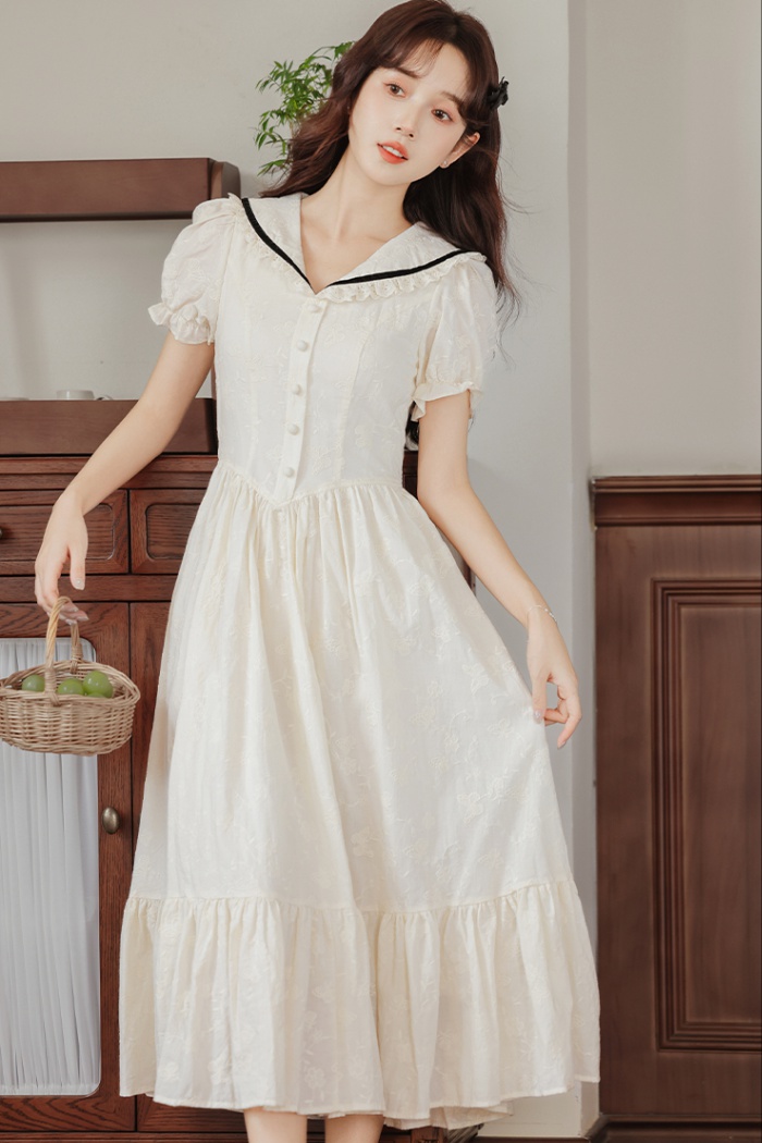 Pinched waist maiden college style embroidery dress