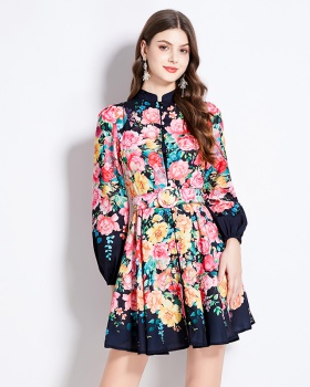 Cstand collar retro spring and summer printing dress