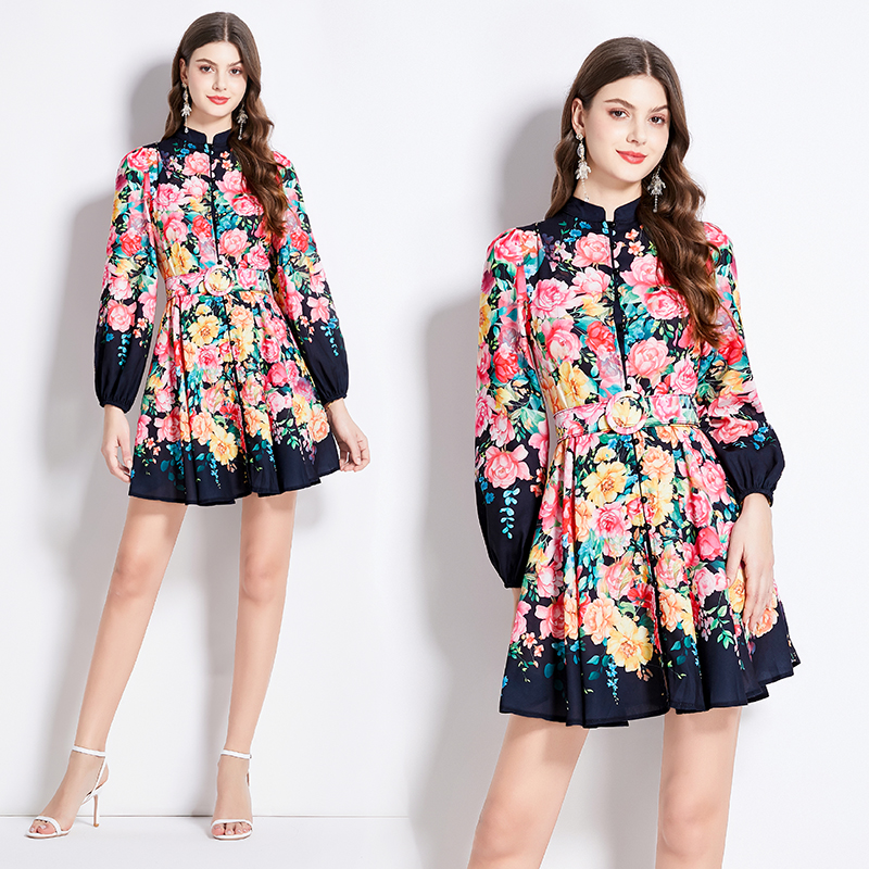 Cstand collar retro spring and summer printing dress