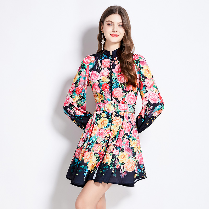 Cstand collar retro spring and summer printing dress