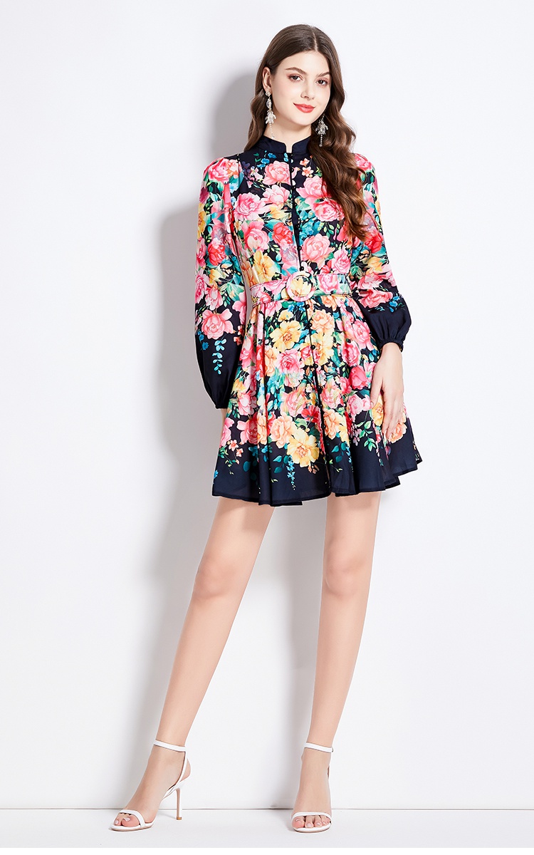 Cstand collar retro spring and summer printing dress