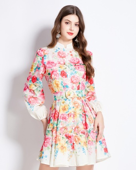 Cstand collar flowers spring and summer printing dress